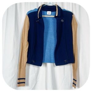 CAbi Women's Navy Blue and Tan Doubke Breasted Knit Cardigan Top Sz Small